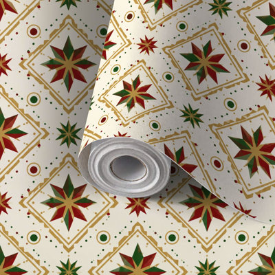 Papier peint auto-adhésif à motif géométrique rouge, étoiles vertes, or et détails décoratifs auto-adhésifs 17,7 po x 118 po (45 x 300 cm)