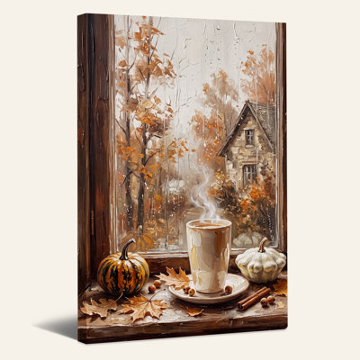 «Steaming Coffee Cup and Pumpkins on Rainy Window», art mural sur toile