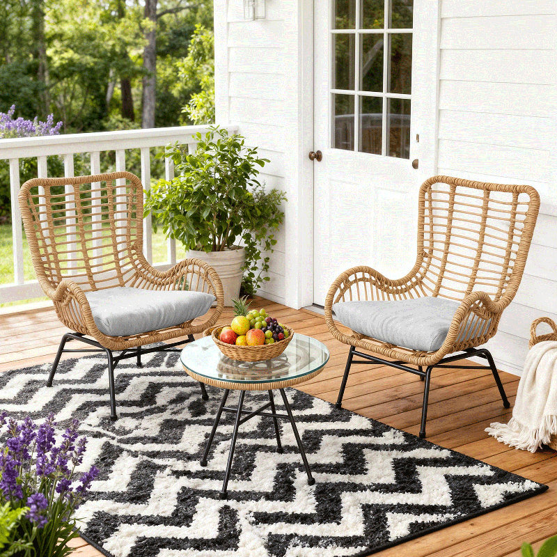 3Pcs Outdoor Bistro Chat Set Patio Conversation Set Wicker Chairs and Glass Table with Seat Cushions, Gray