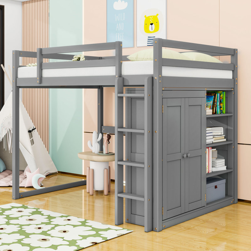 Full Size Wooden Loft Bed With Wardrobe, Multi-Layer Storage Shelves And LED Lighting, Gray