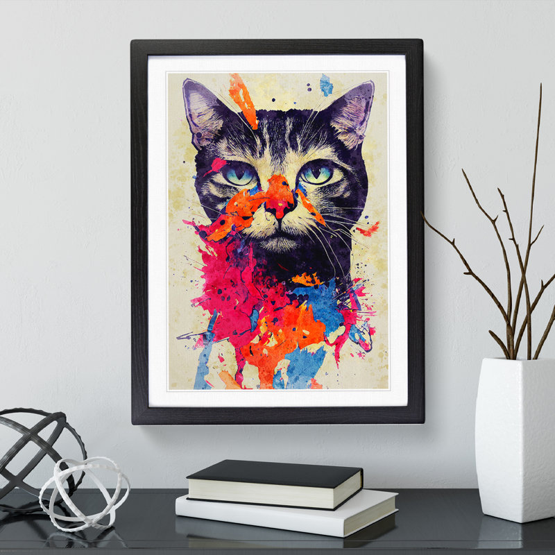 Catt Paint Splash No.6 - Wall Art, Black Framed, 66cm H x 48cm W x 2cm D, White