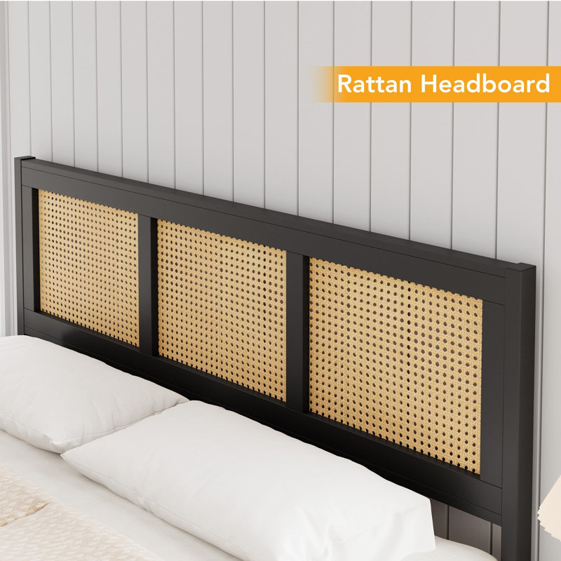 Queen Black Wood and Rattan Platform Bed Frame with Headboard