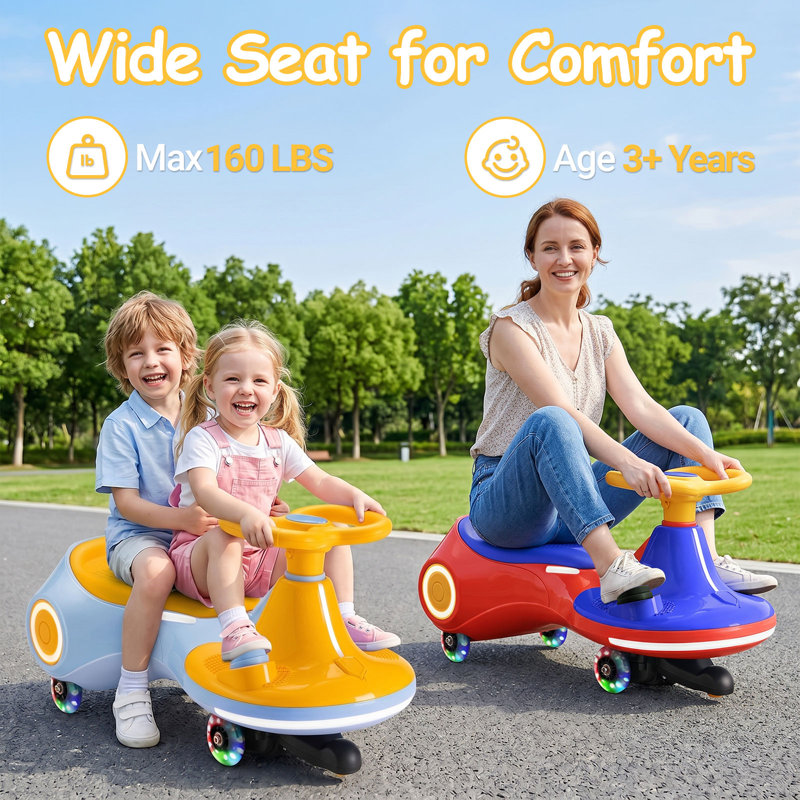 BacklD 12V Electric Wiggle Car for Kids, Rechargeable Battery, 3 in 1 Ride On Toy with Pedal & Light-Up Wheels, Bluetooth Music, Anti-Rollover Swing Car for Toddler Ages 3+, 160lbs Max Load, Yellow