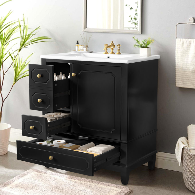 Meuble-lavabo moderne 30 po avec lavabo en céramique, Noir, Doré