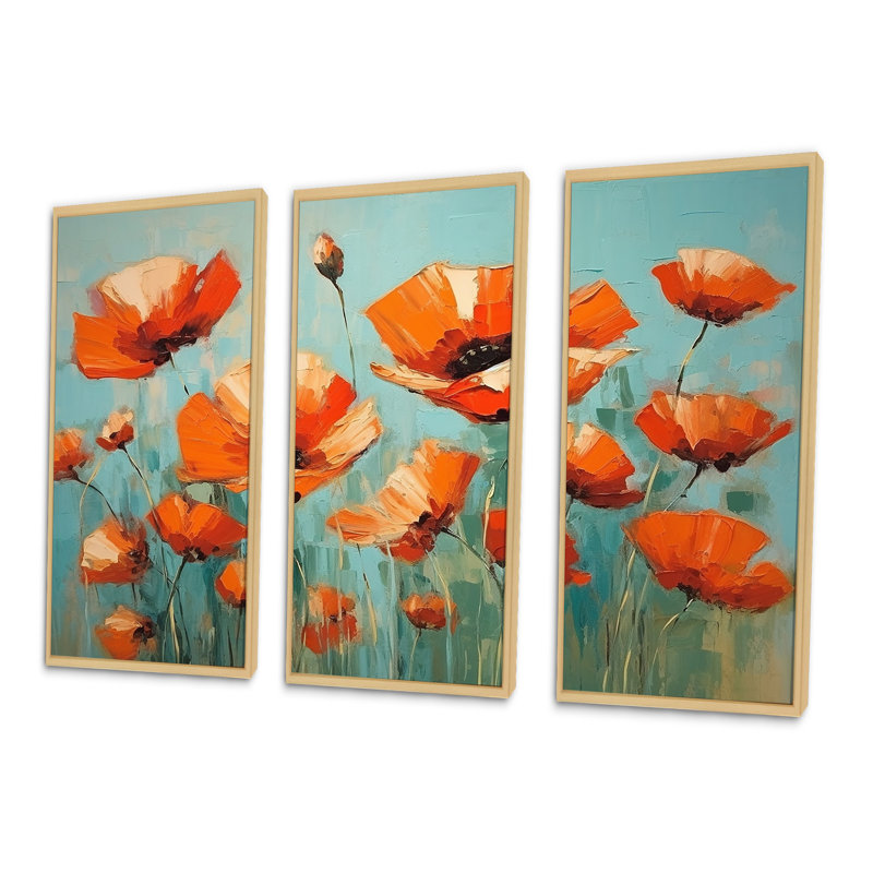 Jade Joy Whispers Of Poppies - ensemble d'art mural sur toile coquelicots, Cadre naturel flottant, H 40 po x l 60 po x P 1 po