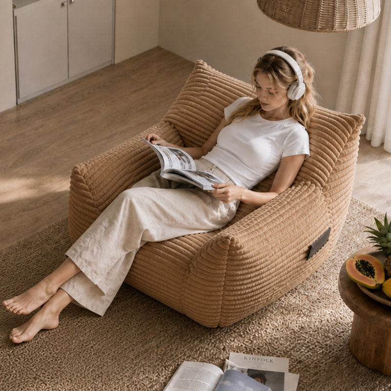 Grand fauteuil à billes, tissu côtelé brun, chaise longue portable moderne