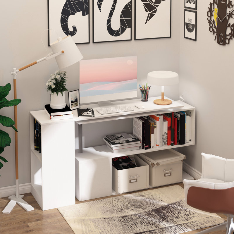 Bureau pivotant moderne de 140 cm (55 po), poste de travail en L avec 3 rangements, blanc, gain de place pour chambre ou salon, meuble de bureau blanc pour chambre ou bureau