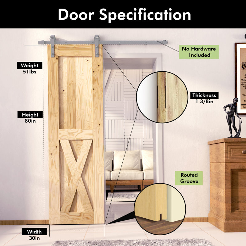 Natural Pine Wood 30" x 80" Sliding Barn Door with Frame