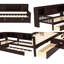 Lit plateforme simple en L avec lit gigogne et rangement, structure de lit d'angle en bois massif avec tiroirs et tablettes, lit simple peu encombrant, aucun sommier nécessaire-539831089