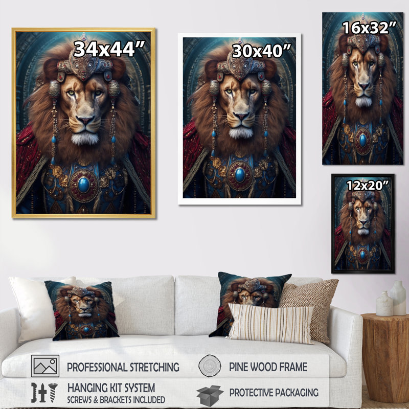 «Majestic Lion Portrait Antique King», reproduction d'art sur lion, Cadre flottant blanc, 32" H x 24" W