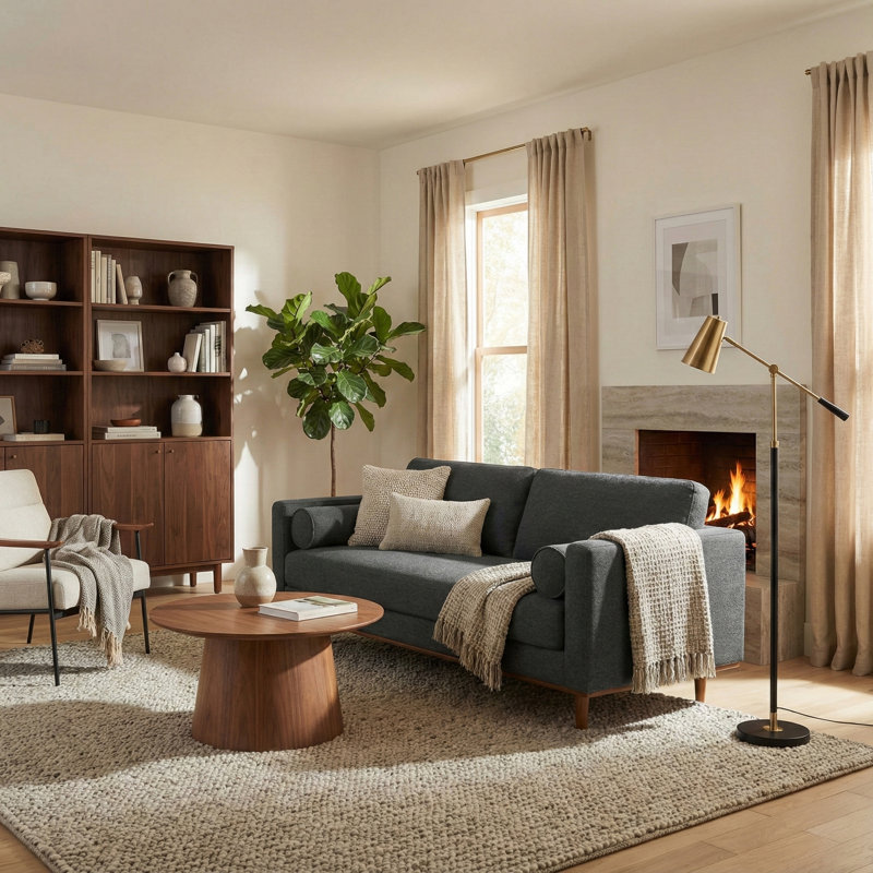 Morrison Woven-Blend Fabric Mid-Century Modern Loveseat Sofa With Solid Wood Frame For Living Room, Charcoal Gray , 72" W
