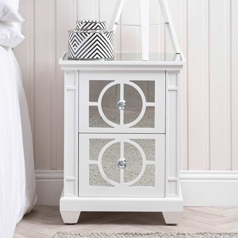 Dunston 2 Drawer Bedside Table, 62cm Storage Cabinet Nightstand with Mirrored Tabletop