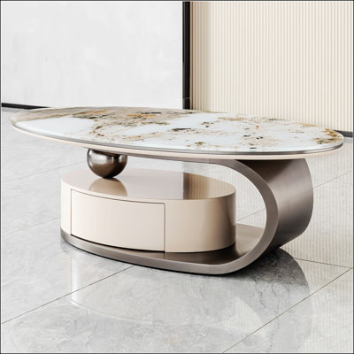 Table basse moderne ovale avec plateau en verre marbré et tiroir pour le rangement du salon