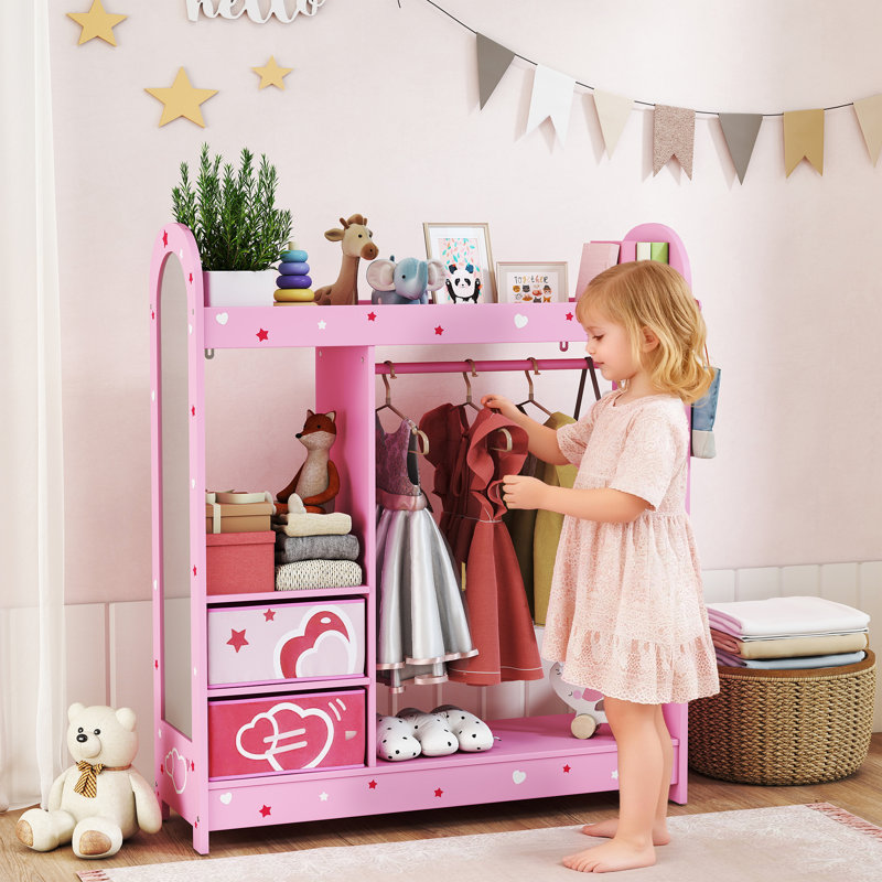 AIYAPLAY Kids Clothes Rail, Kids Wardrobe with Mirror, for Girls, Pink