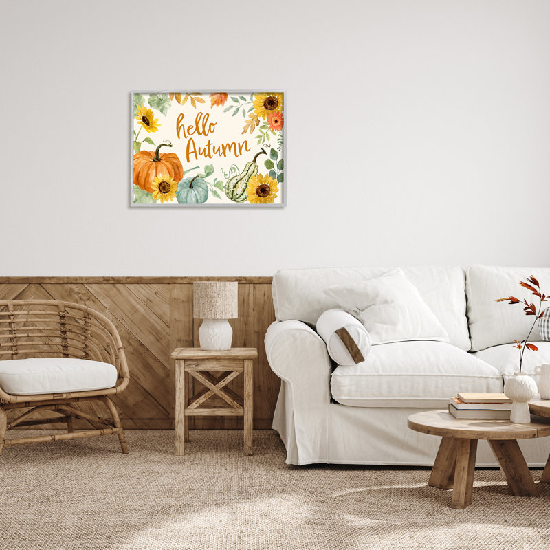 «Hello Autumn Orange Calligraphy Fall Plants Border Black», estampe numérique encadrée de Victoria Barnes