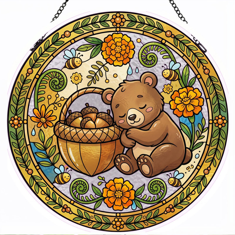 Panneau de vitrail en forme de panier d'ours H 12 po, H 12 po