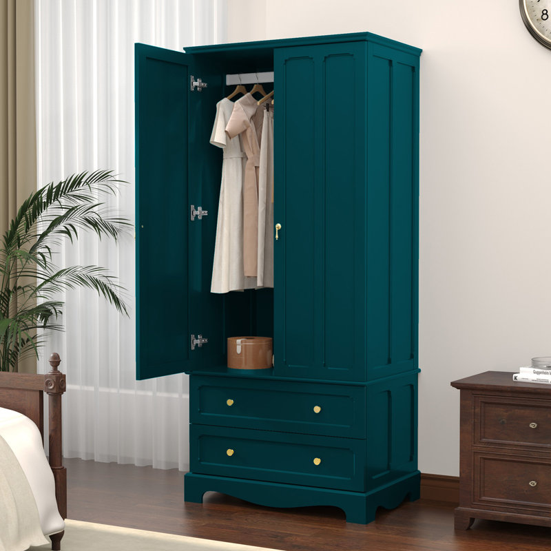 Freestanding Wooden Wardrobe Armoire with 2 Drawers, Green