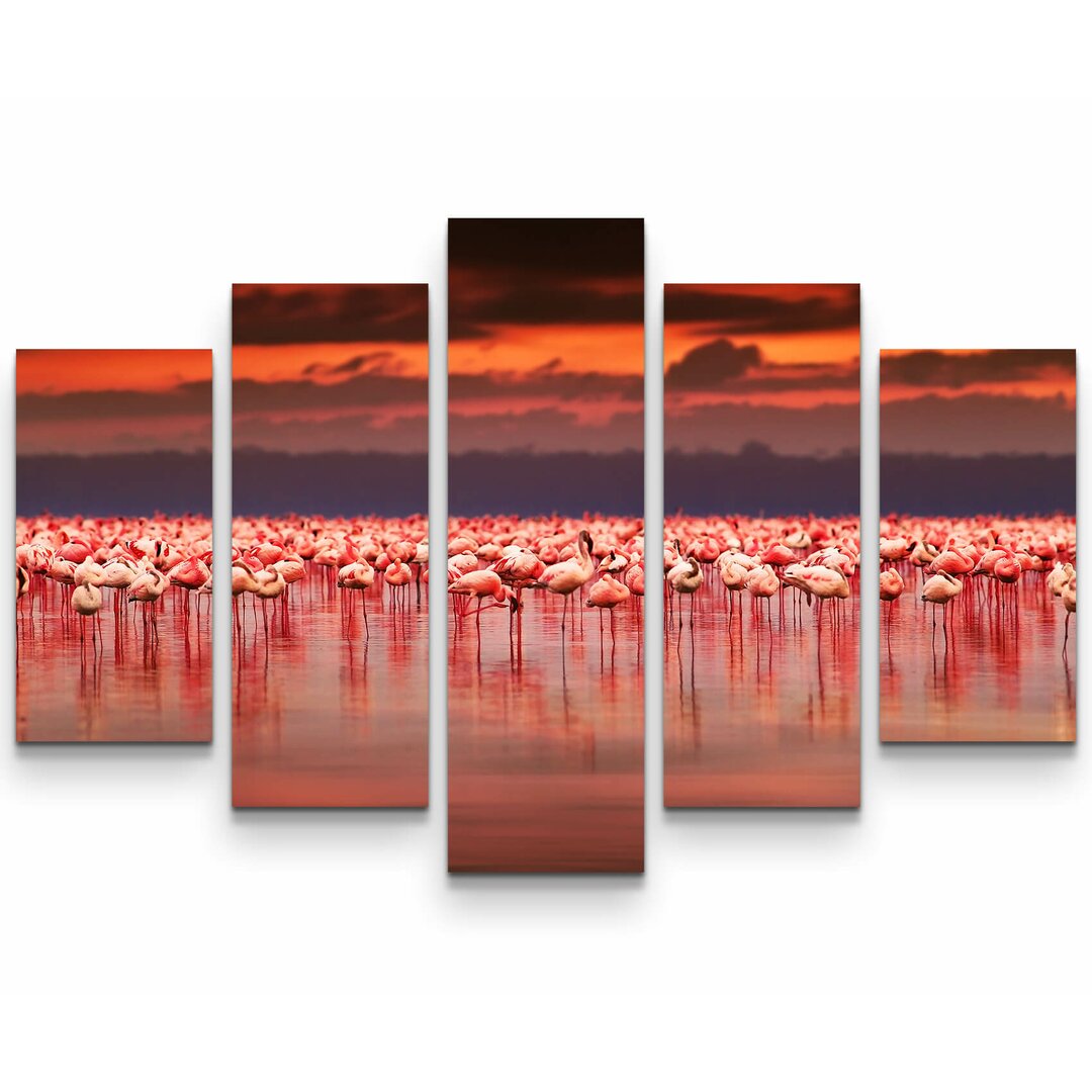 5-tlg. Leinwandbilder-Set Flamingos im Sonnenuntergang