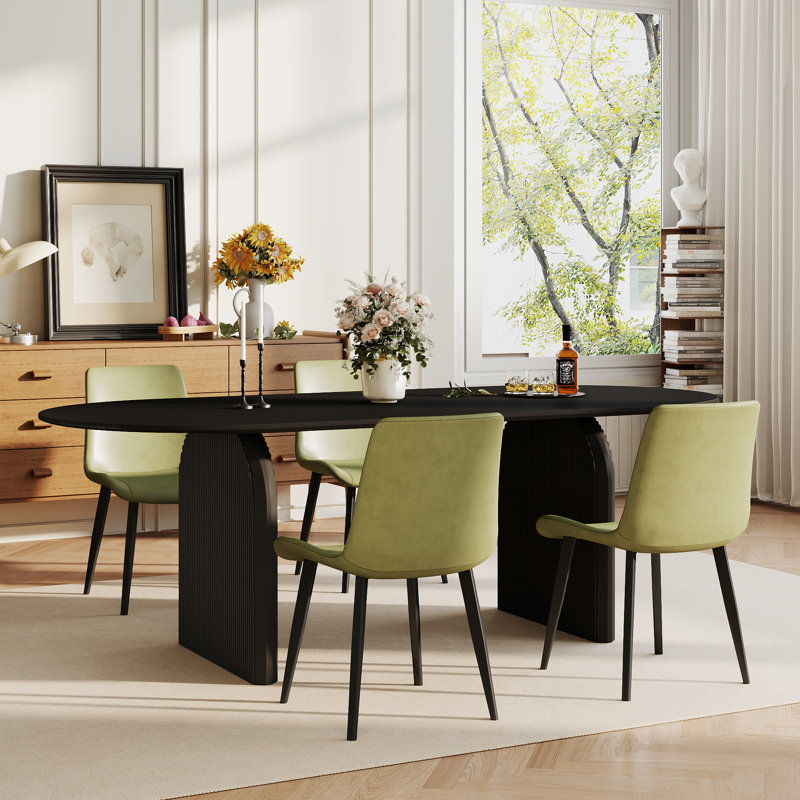 70in Oval Dining Table Sets  With PU Leather Chairs, White/Beige, 5 Pieces: Table, 4 Chairs