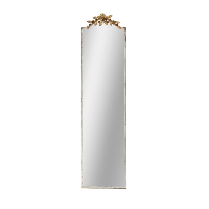 18.1X1.6X70.9" Large Rectangular Full-Length Mirror With Distressed Ivory Frame And Gold Floral Crown
