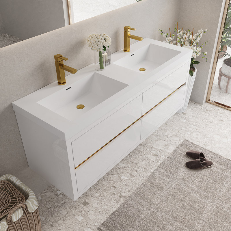 Meuble-lavabo mural avec lavabo, armoire de rangement flottante avec comptoir et tiroirs à fermeture en douceur, idéal pour l'organisation et la commodité de la salle de bain