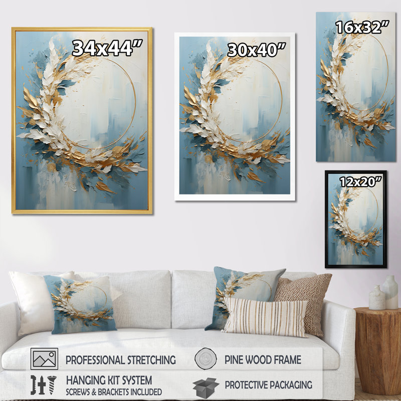 Couronne de fleurs bleue et dorée I sur toile, Toile tendue, H 20 po x l 12 po