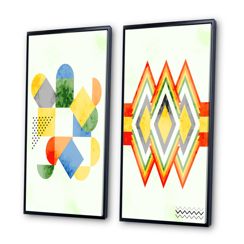 " Abstract Retro Geometrics IV " 2 - Pieces, 40" H x 40" W x 1.5" D, Black Framed Canvas