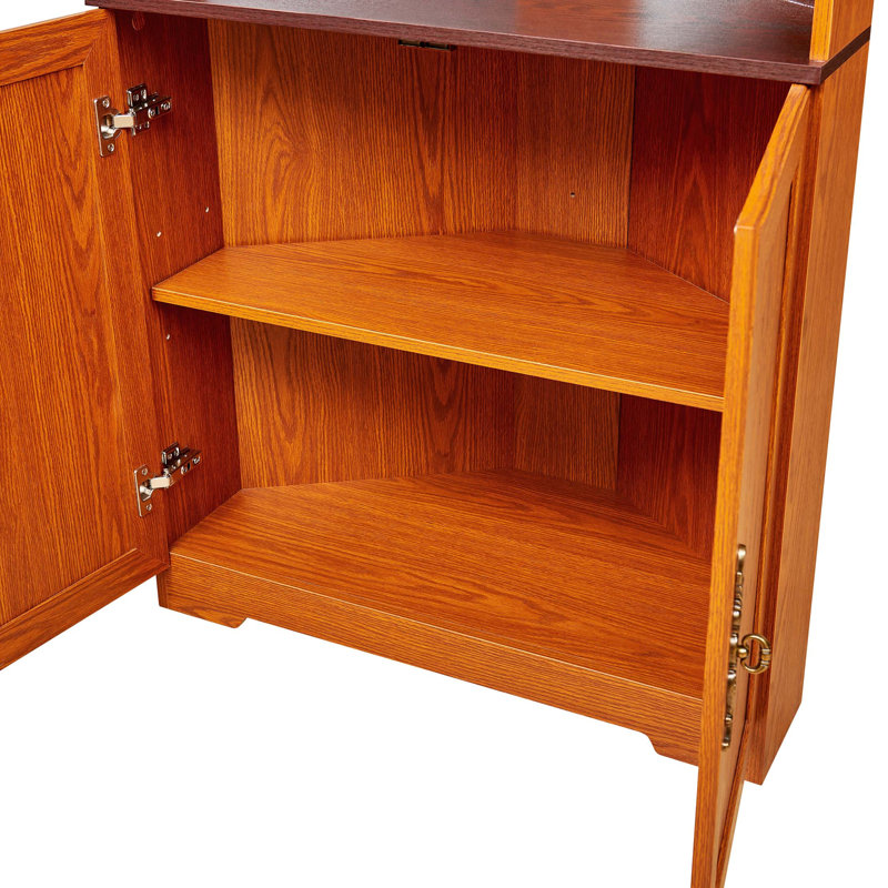Armoire de rangement d'angle moderne avec portes en verre trempé et tablettes réglables, Chêne foncé