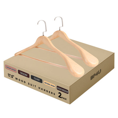  2-Pack Premium Wide Shoulder Wooden Suit Hangers, 17.5-Inch Heavy-Duty Solid Wood Coat Hangers for Suits & Coats(Natural Wood)
