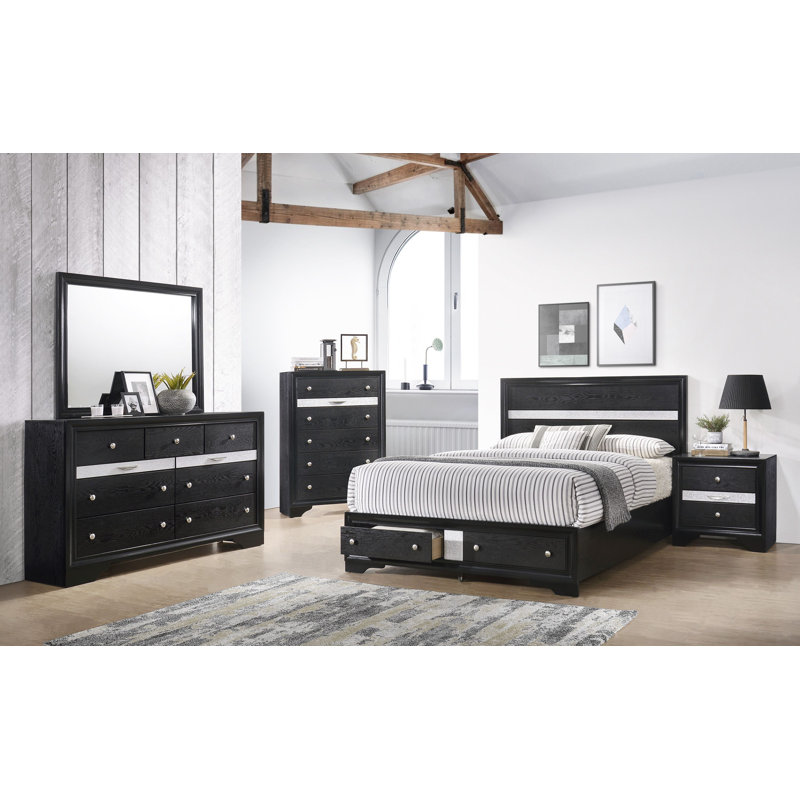Ensemble de chambre avec lit plateforme de rangement Marielena 6-1_Risa, Noir / argent, Très grand