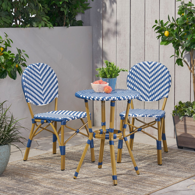 Ensemble bistro d'extérieur en aluminium 3 pièces, bleu marine, blanc, avec finition en bambou