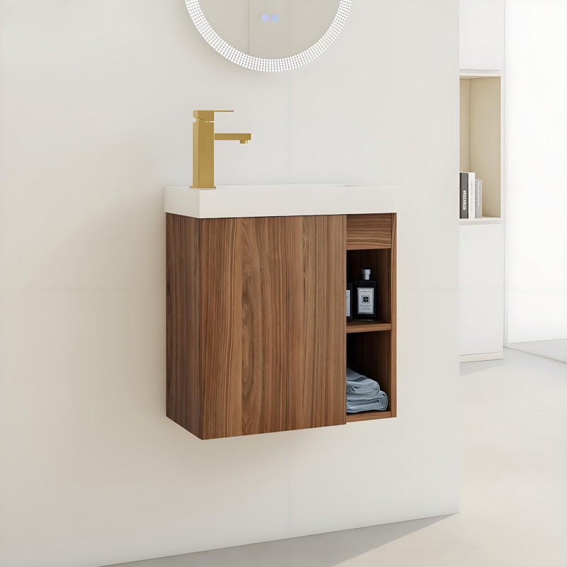 Meuble-lavabo mural moderne flottant de 20 po avec lavabo en résine blanche et portes d'armoire à fermeture en douceur
