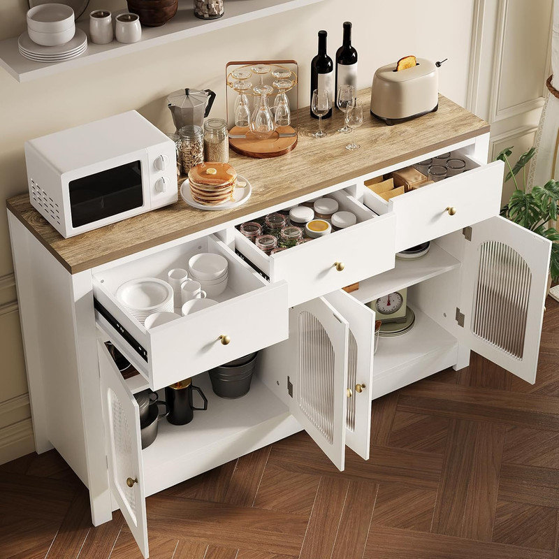 55" Modern Buffet Cabinet with Arched Acrylic Fluted Doors & 3 Drawers, Sideboard Coffee Bar with Adjustable Shelves for Dining Room, Living Room, Kitchen