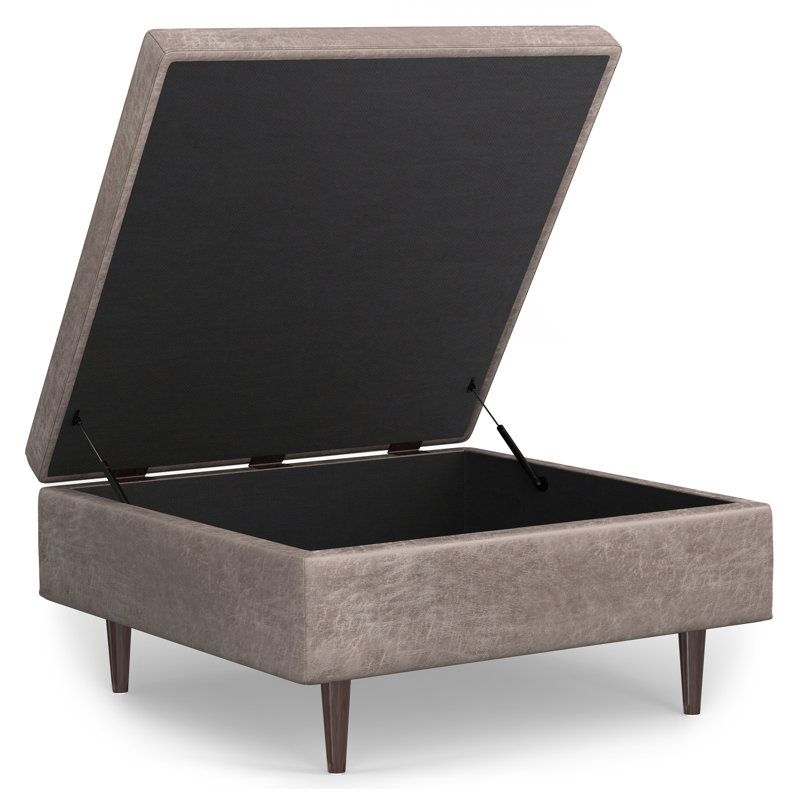 Shay 38"W Upholstered Square Coffee Table Storage Ottoman with Lift Top and Tufted Detail, Distressed Grey Taupe