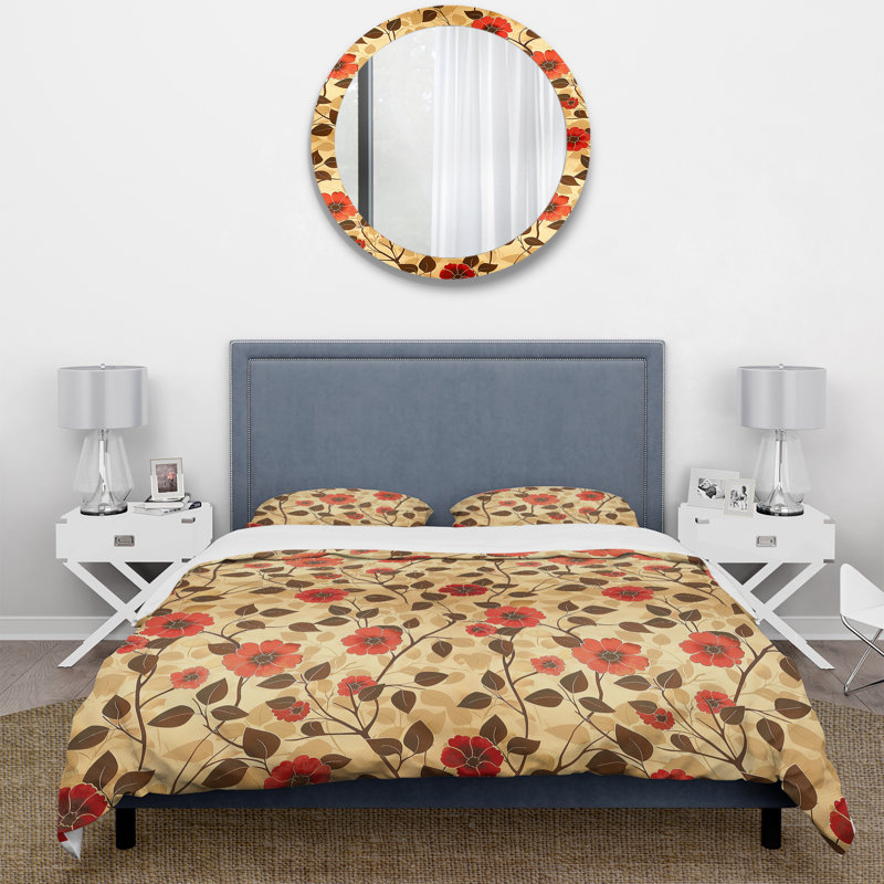 Ensemble de housse de couette floral rouge délicat floral noir II, Housse de couette pour grand lit + 2 taies décora