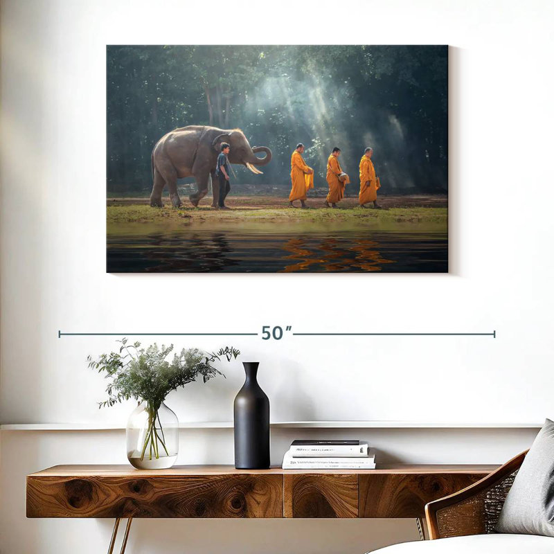 Brampt, éléphant et moines bouddhistes, H 26 po x l 39 po