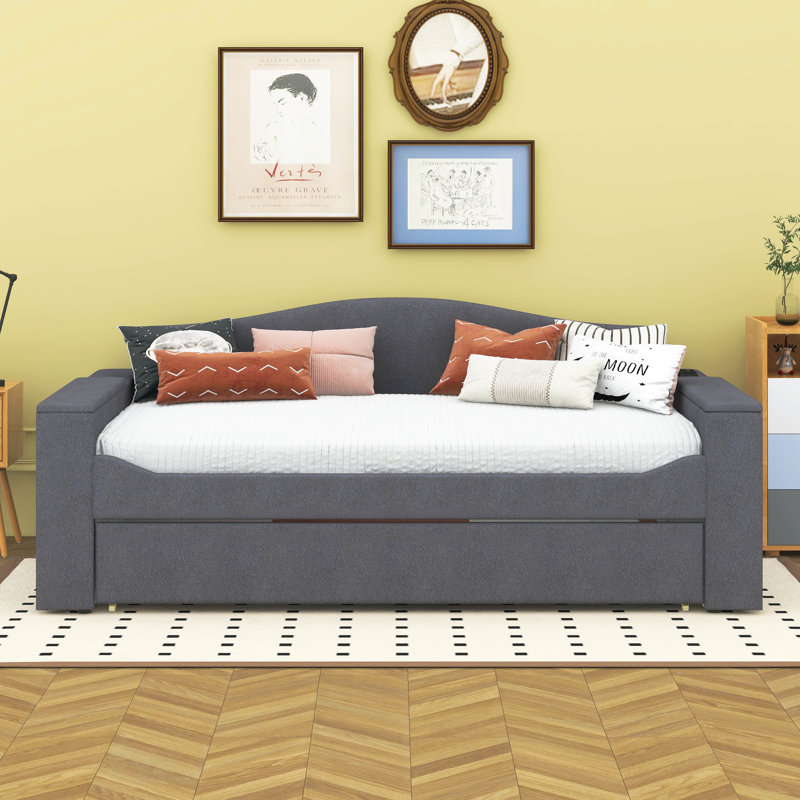 Full Size Upholstered Daybed with Storage Armrests, Trundle And Latest Bluetooth Audio System, Grey