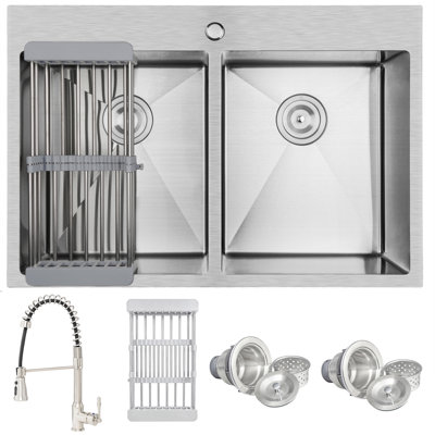 Drop-In 33-in x 22-in Brushed Stainless Steel Double Equal Bowl 1-Hole Kitchen Sink All-in-one Kit