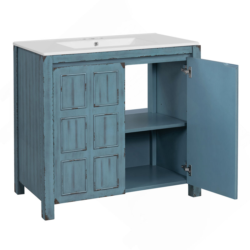 Organisateur de meuble-lavabo 36 po avec lavabo en céramique, ensemble d'armoire de rangement, bleu rétro, Bleu