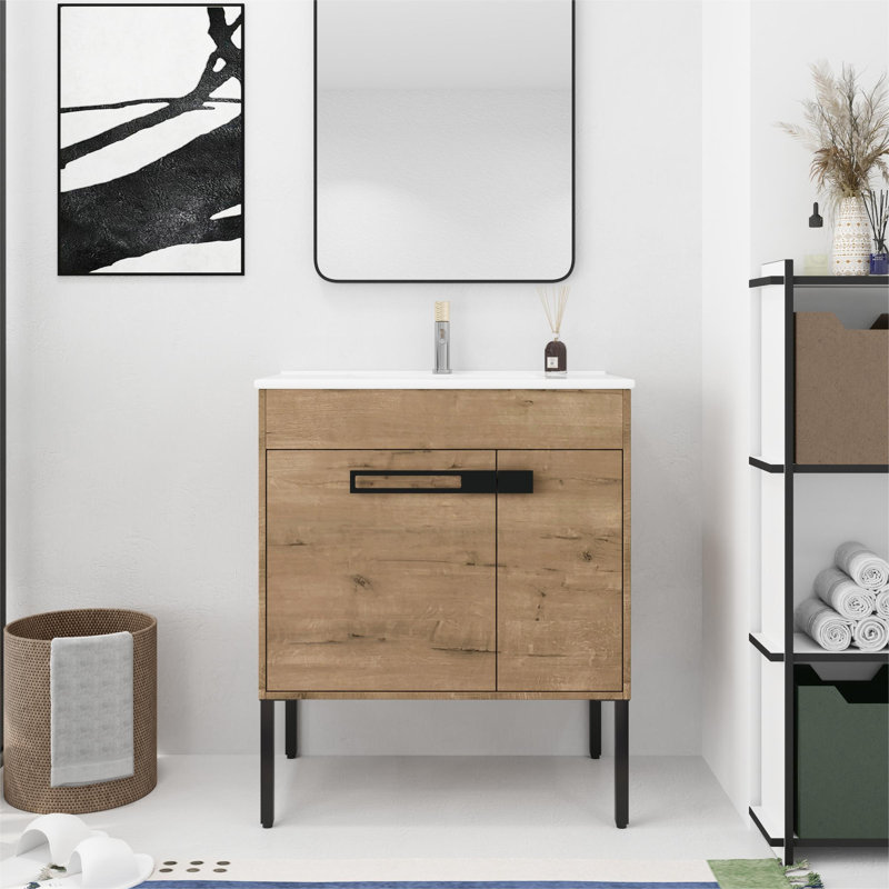 Meuble-lavabo simple autoportant / flottant avec plateau en céramique 30 po Avaughn, Brun
