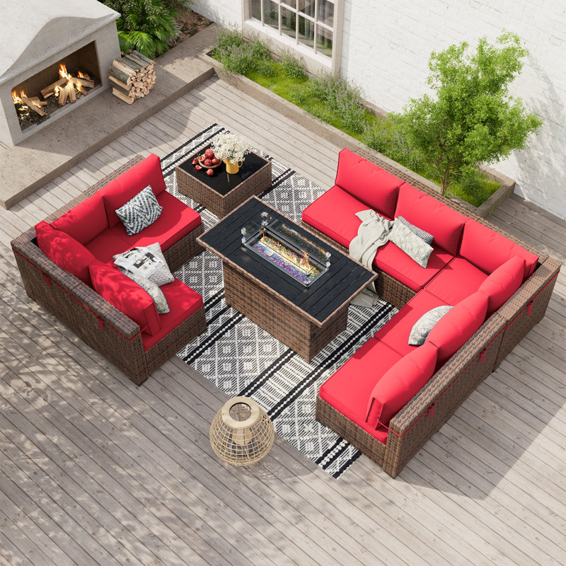 Ensemble de conversation modulaire en rotin Babak avec foyer et table basse, Kaki, 8