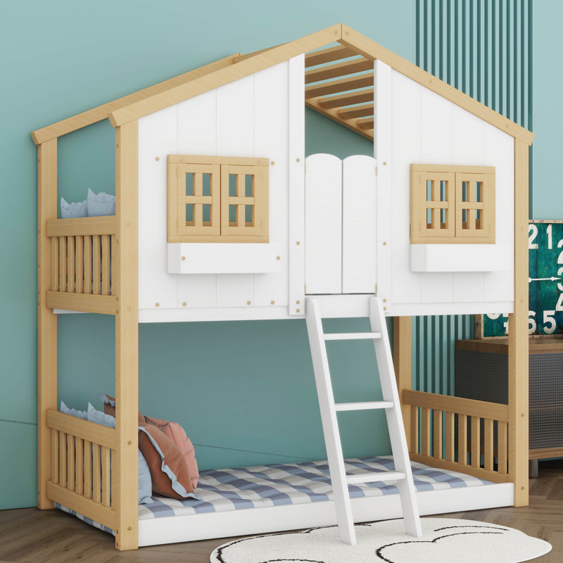Twin Over Twin House Bunk Bed With Safety Guardrails And Ladder, Natural/White