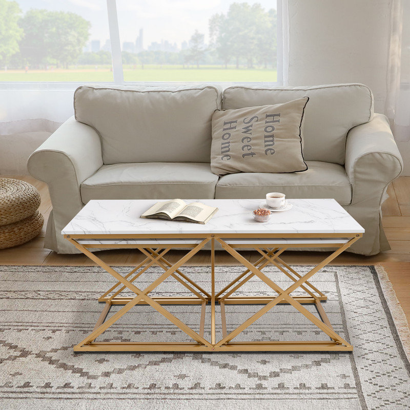 Nesting Coffee Table Set of 3, Faux Marble Top with Golden Frame