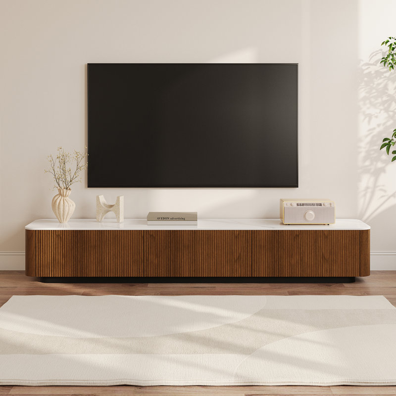Brown Wood Patchwork Marble Countertop TV Storage Cabinet, 71", Brown