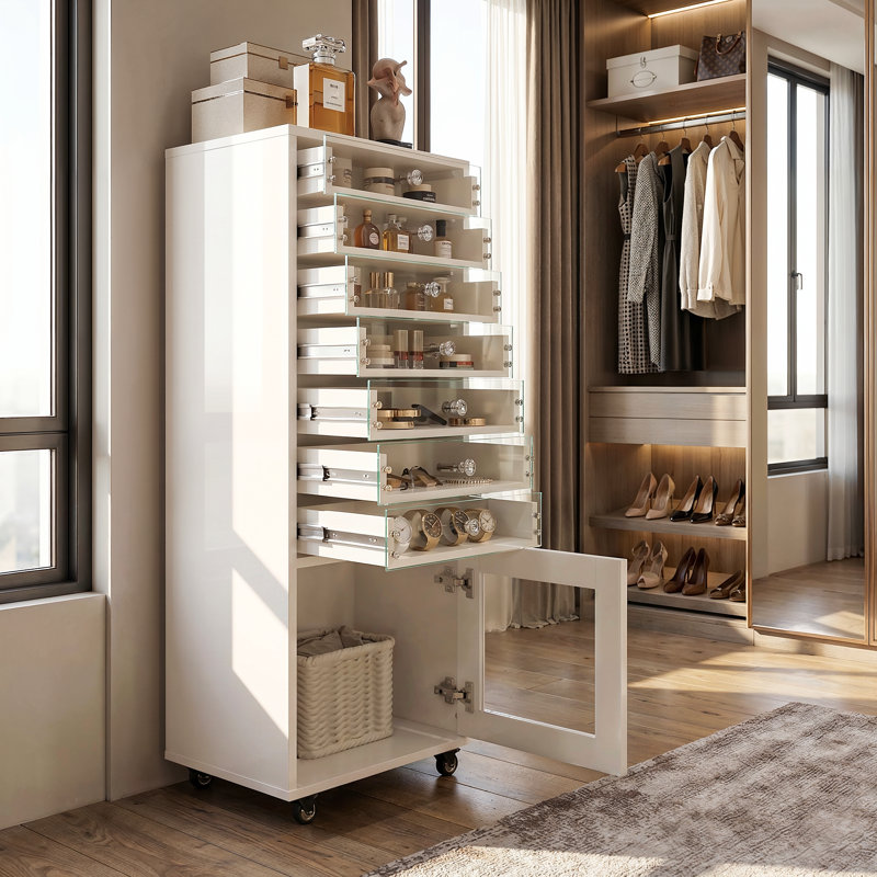 Armoire de rangement à maquillage roulante avec tiroirs en verre trempé