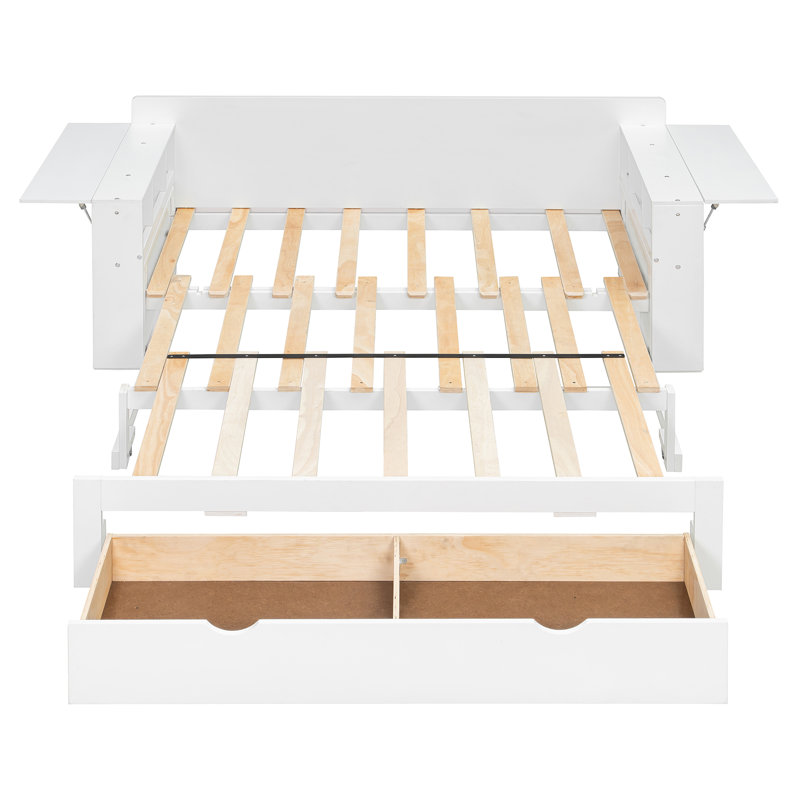 Lit de jour Rylith 4 en 1 avec bureau amovible, tiroirs de rangement et table d'appoint hydraulique, Complet/Double, Blanc