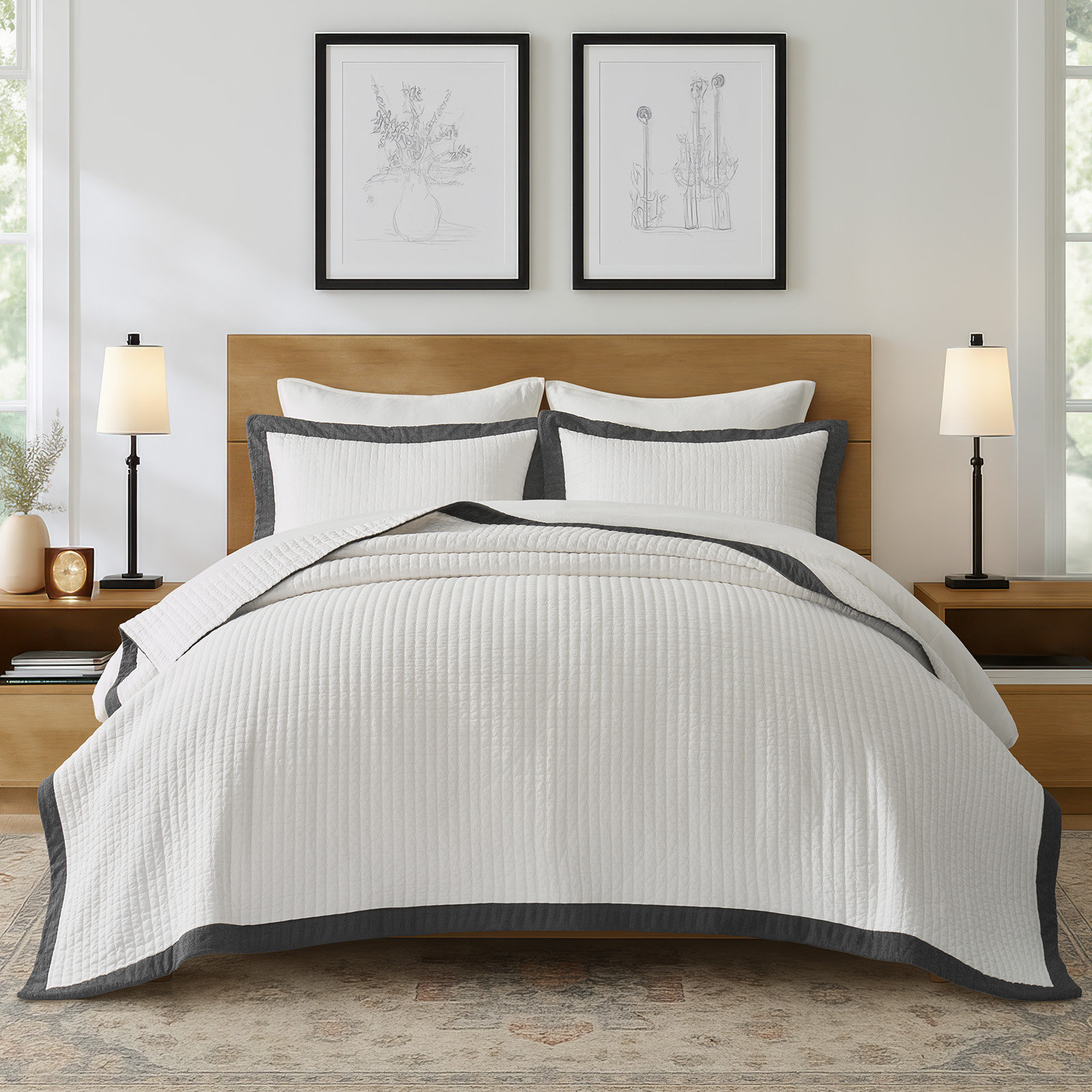 Border Frame Cotton Pick-Stitch Channel Quilt, Washed Black, King Quilt + 2 King Shams