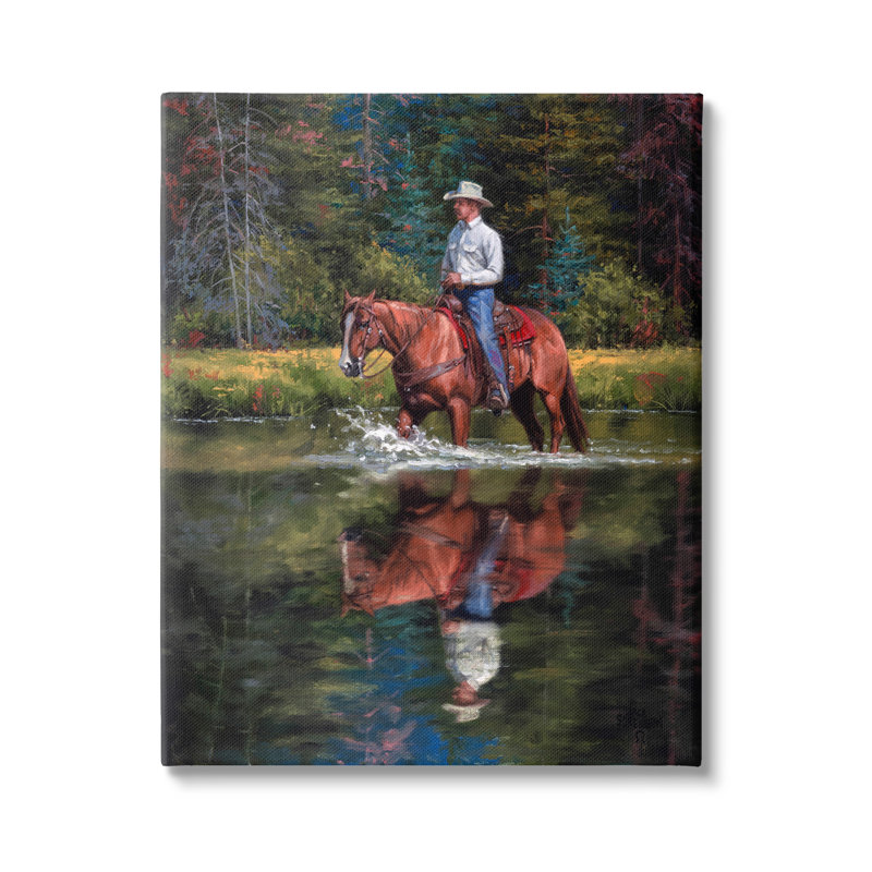 Cowboy chevauchant un cheval, Wild West Shallow River Woodland, Toile tendue, H 24 po x l 30 po