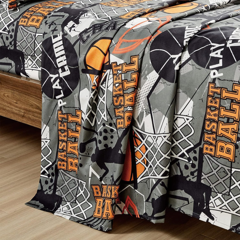 Fun Kids Teens Microfiber Sheet Set, Gray Basketball Sports, Queen Sheet Set with 2 Pillowcases
