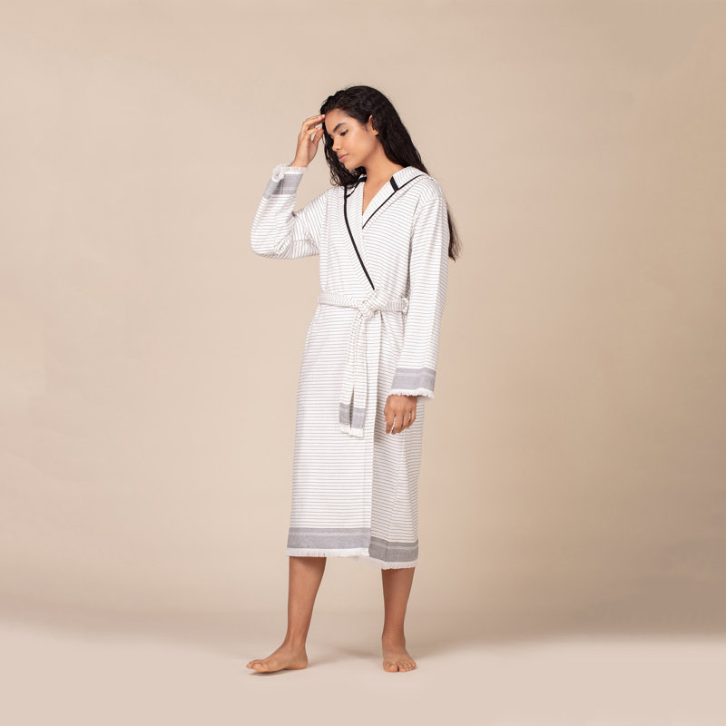 Peignoir 100% coton mi-mollet avec poches et capuche, P / M